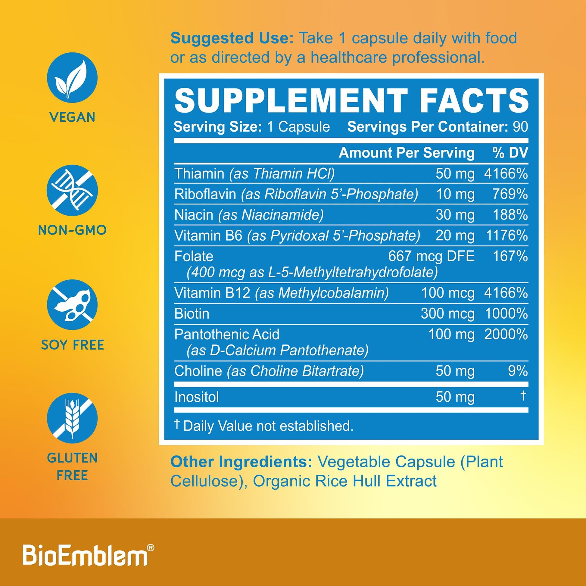 BioEmblem Vitamin B-Complex - All 8 Active Forms with Methyl Folate, Methyl B12, B6, Biotin Plus Choline Inositol, Supports Energy, Metabolism, Brain, Heart Health - PrimeBioHealth - canada supplements