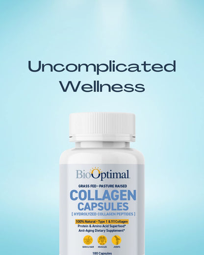 BioOptimal Collagen Peptides Capsules - Grass-Fed, Pasture-Raised Hydrolyzed Protein S]n-GMO, Zero Sugar Daily Pills for Men & Women (180 Capsules) - PrimeBioHealth - canada supplements