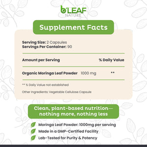 B'Leaf Nature Moringa Capsules Organic 1000mg — Pure Moringa Oleifera Leaf Powder Capsules for Energy & Immune Support - PrimeBioHealth - canada supplements