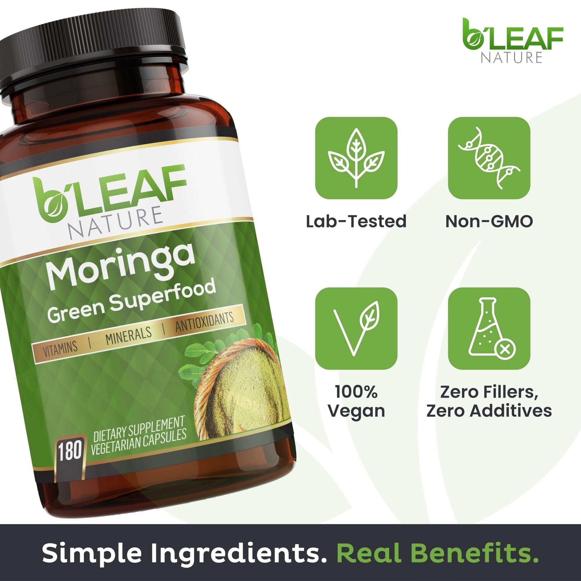 B'Leaf Nature Moringa Capsules Organic 1000mg — Pure Moringa Oleifera Leaf Powder Capsules for Energy & Immune Support - PrimeBioHealth - canada supplements