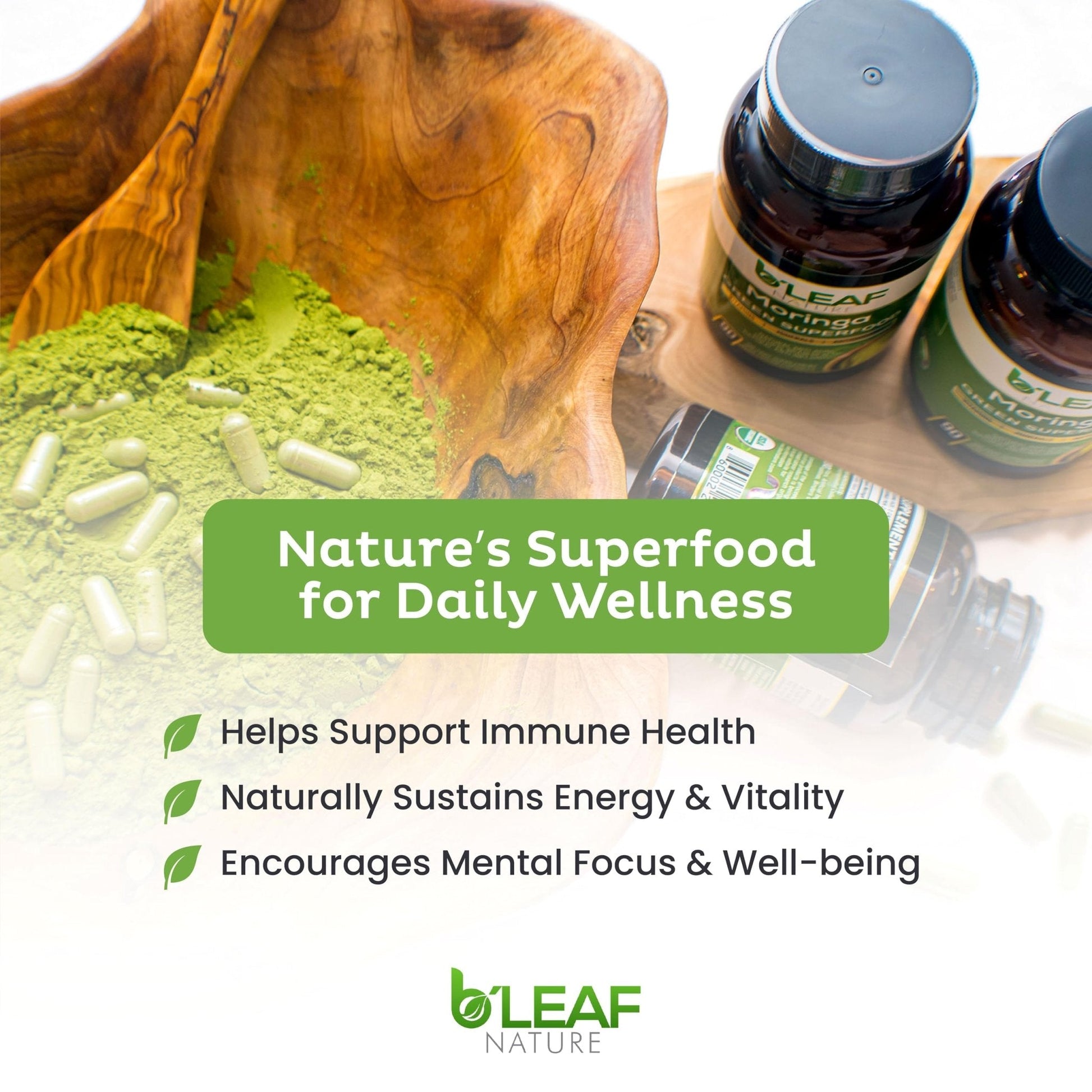 B'Leaf Nature Moringa Capsules Organic 1000mg — Pure Moringa Oleifera Leaf Powder Capsules for Energy & Immune Support - PrimeBioHealth - canada supplements