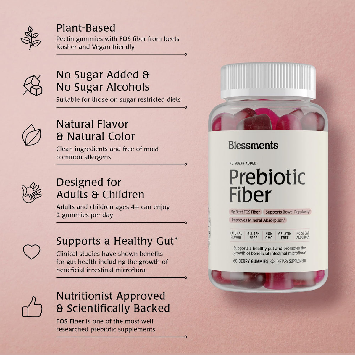 Blessments - Prebiotic Fiber Gummies for Adults & Kids with No Added Sugar- 5g (60 Count) High Fiber Supplement Gummies - Vegan - Keto Friendly - Digestive Health Supplements - PrimeBioHealth - canada supplements