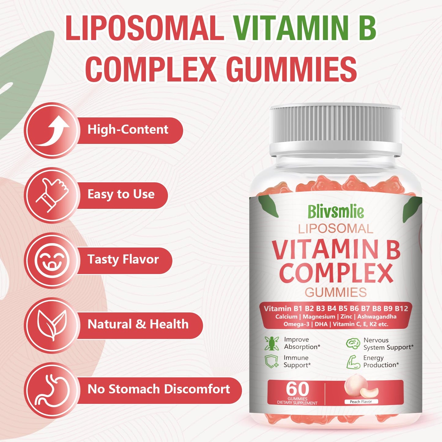 Blivsmlie 2 Pack 33-in-1 Liposomal Vitamin B Complex Gummies -B1, B2, B3, B4, B5, B6, B7, B8, B9,B12 | Vitamin C, D3,K2|Calcium,Magnesiun,Zinc etc.for Energy - PrimeBioHealth - canada supplements