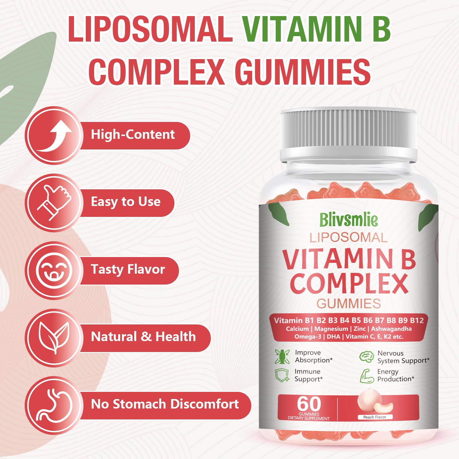 Blivsmlie 2 Pack 33-in-1 Liposomal Vitamin B Complex Gummies -B1, B2, B3, B4, B5, B6, B7, B8, B9,B12 | Vitamin C, D3,K2|Calcium,Magnesiun,Zinc etc.for Energy - PrimeBioHealth - canada supplements