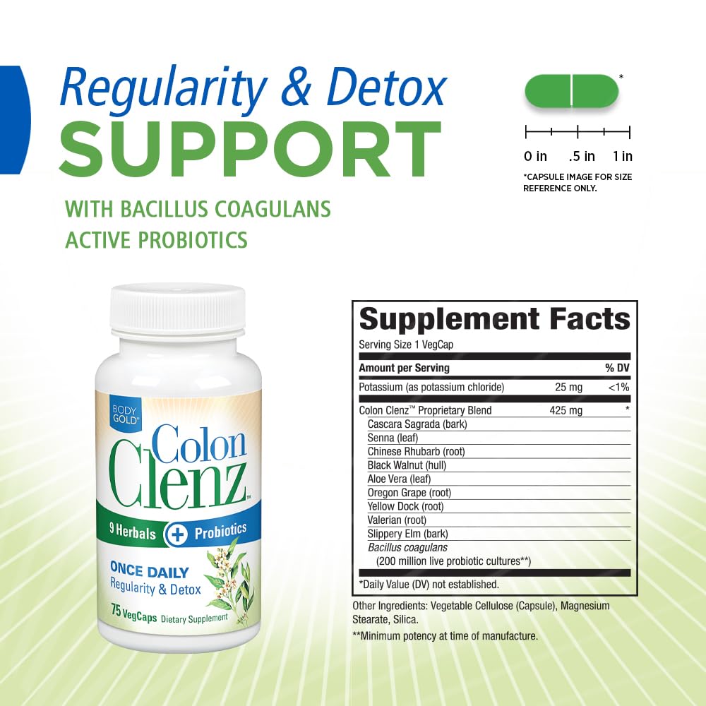 Body Gold Colon Clenz & Detox Overnight Formula | Once Daily with 9 Herbs + Active Probiotics | Constipation Relief for Adults | Bloating Relief for Women & Men | 75 Capsules - PrimeBioHealth - canada supplements