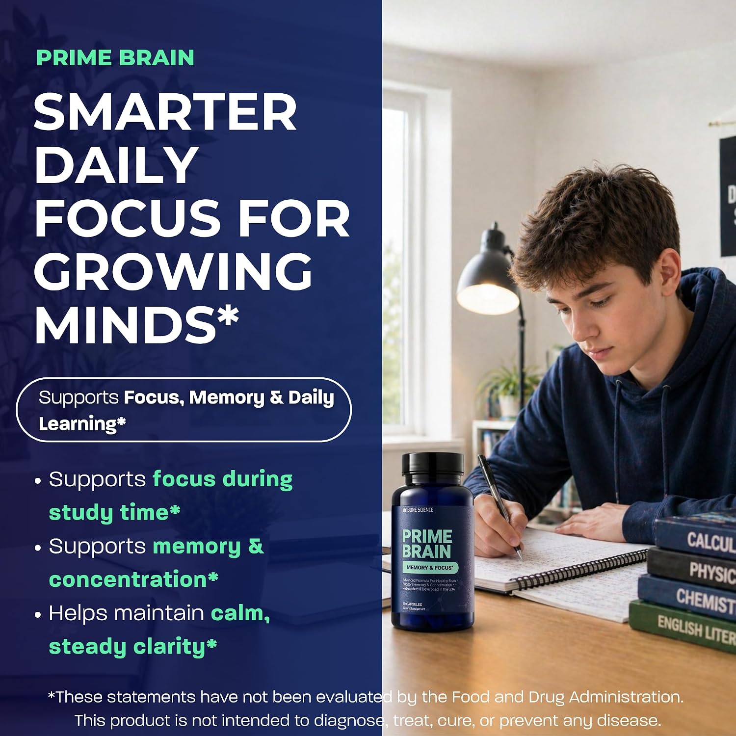 BONE SCIENCE Prime Brain Memory & Focus Support Supplement for Adults, Alpha GPC, Ginkgo Biloba, L-Theanine, Rhodiola, L-Tyrosine & Guarana, Cognitive Support Formula, 60 Capsules - PrimeBioHealth - canada supplements