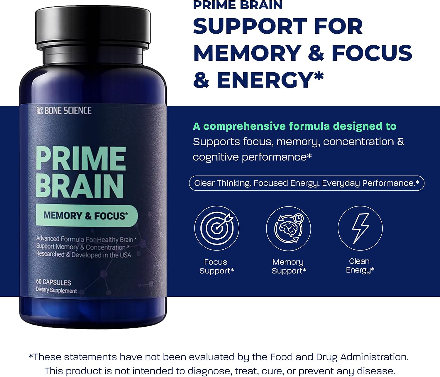 BONE SCIENCE Prime Brain Memory & Focus Support Supplement for Adults, Alpha GPC, Ginkgo Biloba, L-Theanine, Rhodiola, L-Tyrosine & Guarana, Cognitive Support Formula, 60 Capsules - PrimeBioHealth - canada supplements
