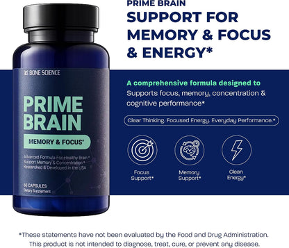 BONE SCIENCE Prime Brain Memory & Focus Support Supplement for Adults, Alpha GPC, Ginkgo Biloba, L-Theanine, Rhodiola, L-Tyrosine & Guarana, Cognitive Support Formula, 60 Capsules - PrimeBioHealth - canada supplements