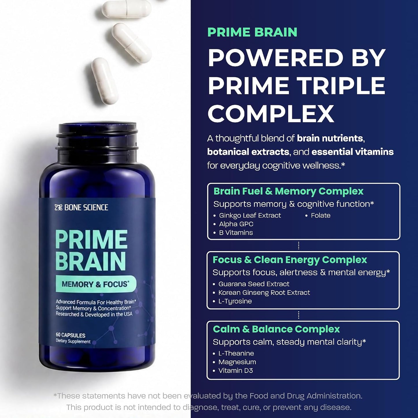 BONE SCIENCE Prime Brain Memory & Focus Support Supplement for Adults, Alpha GPC, Ginkgo Biloba, L-Theanine, Rhodiola, L-Tyrosine & Guarana, Cognitive Support Formula, 60 Capsules - PrimeBioHealth - canada supplements