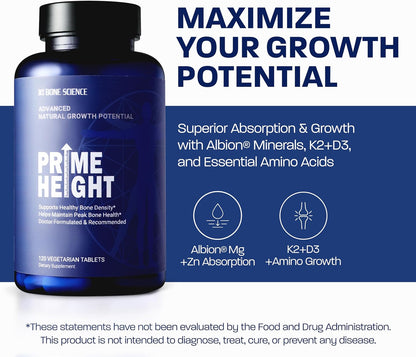 BONE SCIENCE Primeheight Bone & Growth Support with Calcium, Vitamin D3, K2, Magnesium, Zinc - Nutrient-Based Vegan Immune Formula, Non-GMO, 120 Tablets - PrimeBioHealth - canada supplements