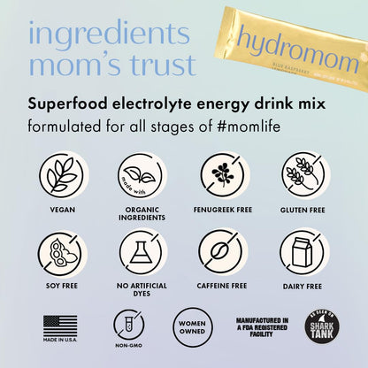 Boobie Hydromom Superfood Electrolyte Drink Mix, Blue Raspberry Lemonade | Refreshing Energy & Hydration Boost for Mamas | On-The-Go & Travel Essentials for Pregnancy, - PrimeBioHealth - canada supplements