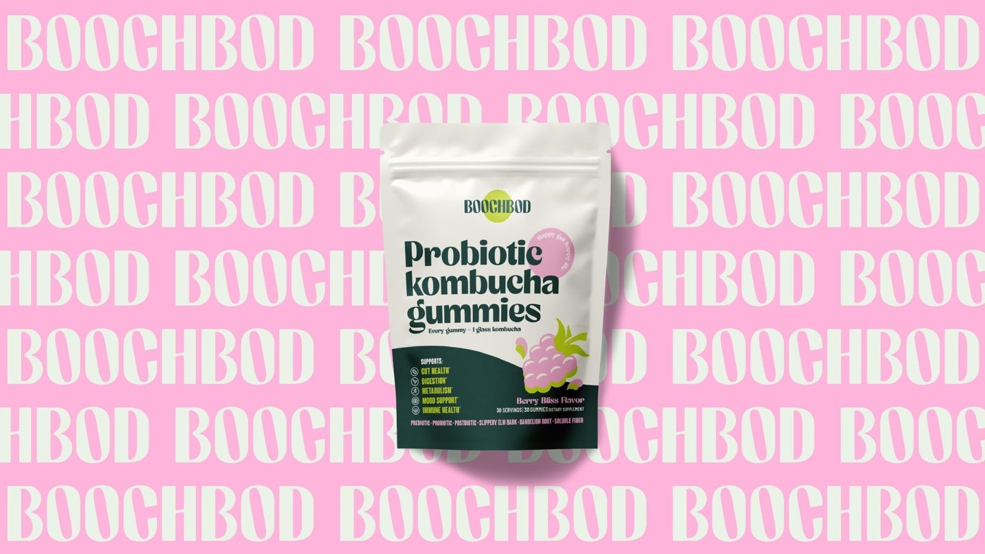 BoochBod - Probiotic Kombucha Gummy - Prebiotics, Probiotics, Postbiotics, Fiber Supplement, Slippery Elm, Dandelion Root - PrimeBioHealth - canada supplements