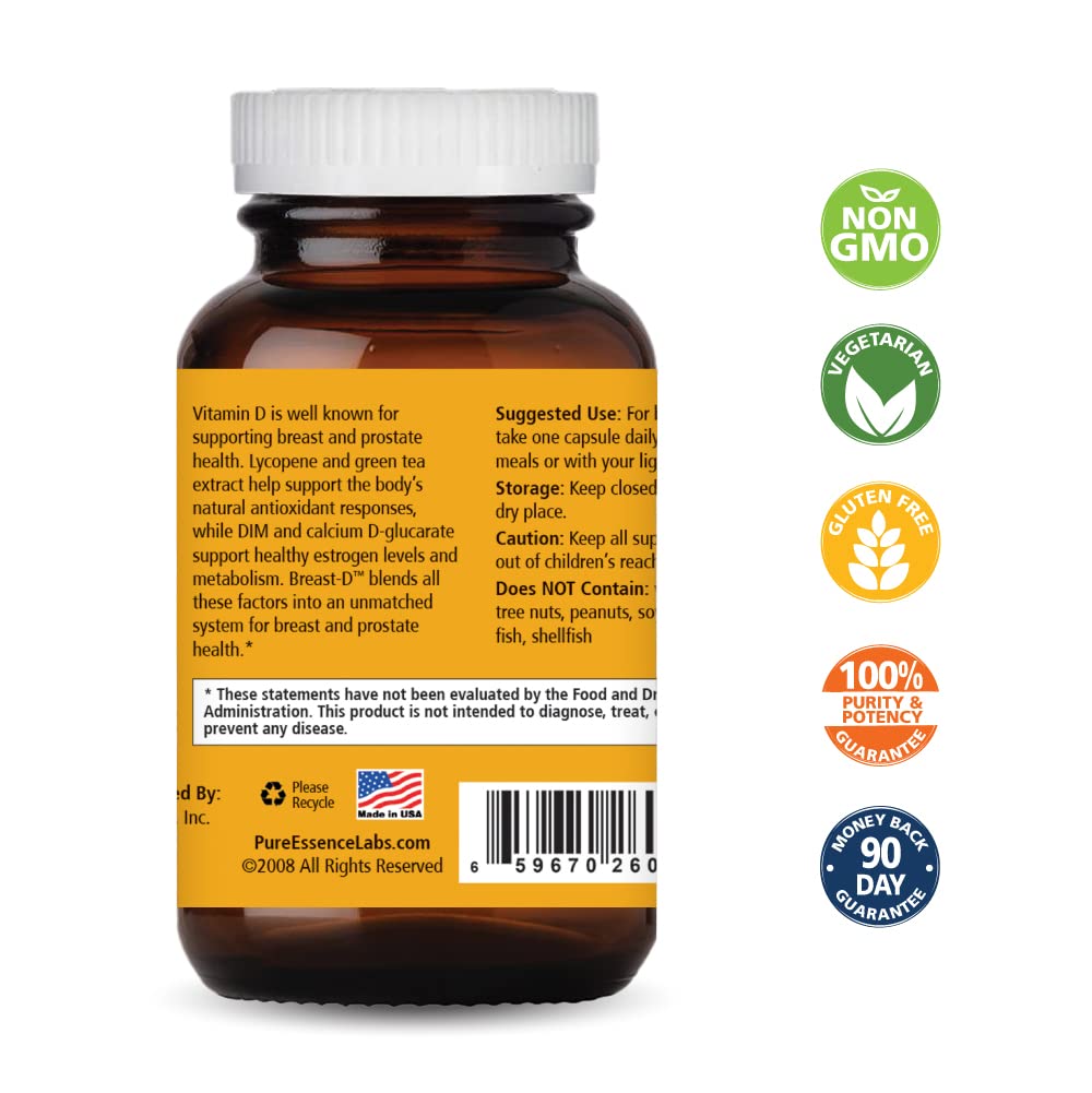 Breast D by Pure Essence - Natural Supplement for Estrogen Balance, Hormonal Acne, and Menopause Support with Vitamin D3, Calcium, Green Tea & Lycopene - 30 Capsules - PrimeBioHealth - canada supplements