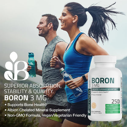 Bronson Boron 3 MG Chelated Superior Absorption Supports Bone Health Trace Mineral, Non-GMO, 250 Vegetarian Tablets - PrimeBioHealth - canada supplements