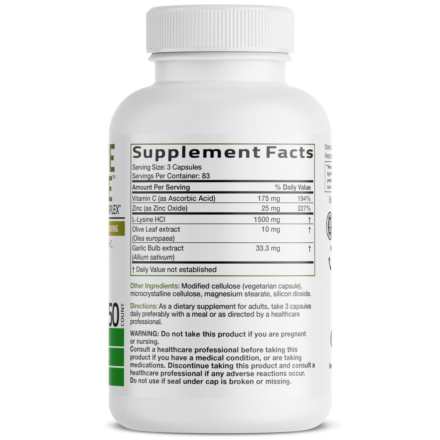 Bronson L-Lysine Defense Immune Support Complex 1500 MG L-Lysine Plus Olive Leaf, Garlic, Vitamin C and Zinc - Non-GMO, 90 Vegetarian Capsules - PrimeBioHealth - canada supplements