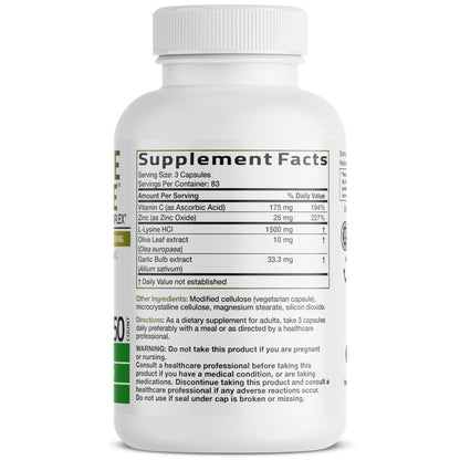 Bronson L-Lysine Defense Immune Support Complex 1500 MG L-Lysine Plus Olive Leaf, Garlic, Vitamin C and Zinc - Non-GMO, 90 Vegetarian Capsules - PrimeBioHealth - canada supplements