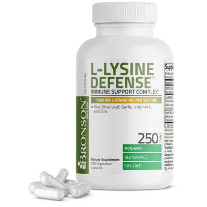 Bronson L-Lysine Defense Immune Support Complex 1500 MG L-Lysine Plus Olive Leaf, Garlic, Vitamin C and Zinc - Non-GMO, 90 Vegetarian Capsules - PrimeBioHealth - canada supplements