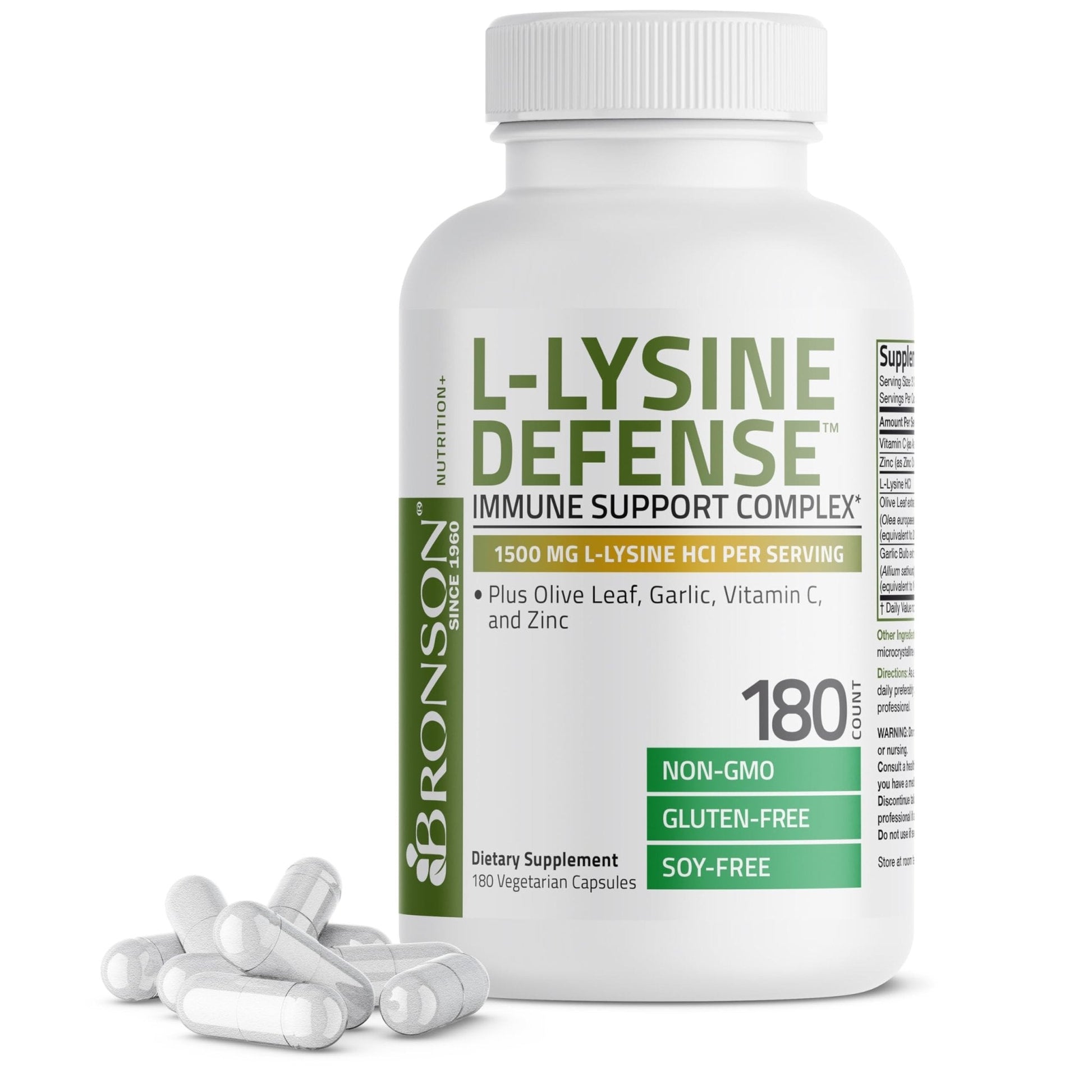 Bronson L-Lysine Defense Immune Support Complex 1500 MG L-Lysine Plus Olive Leaf, Garlic, Vitamin C and Zinc - Non-GMO, 90 Vegetarian Capsules - PrimeBioHealth - canada supplements