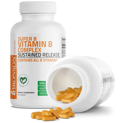 Bronson Super B Vitamin B Complex Sustained Slow Release (Vitamin B1, B2, B3, B6, B9 - Folic Acid, B12) Contains All B Vitamins 60 Tablets - PrimeBioHealth - canada supplements