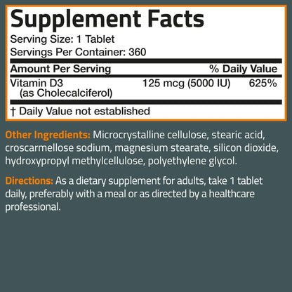 Bronson Vitamin D3 5000iu (125mcg) Healthy Muscle Function and Immune Support, Non-GMO, 360 Tablets - PrimeBioHealth - canada supplements