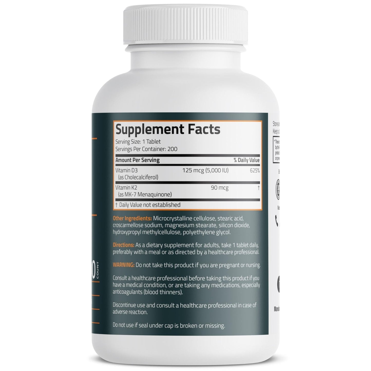 Bronson Vitamin K2 D3 (MK7) Supplement Non-GMO Formula Vitamin D3 5000IU (125 mcg) & 90 mcg K2 MK-7, Easy to Swallow D & K Complex, 120 Tablets - PrimeBioHealth - canada supplements