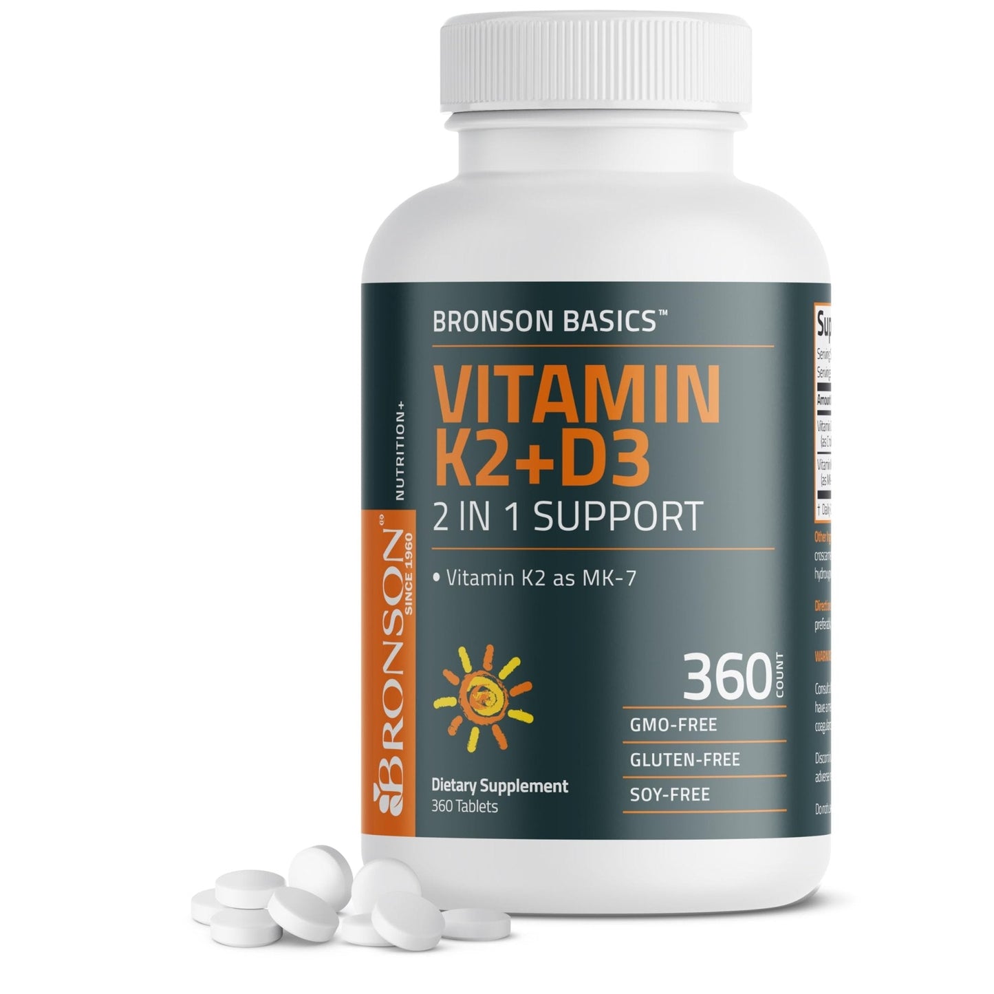 Bronson Vitamin K2 D3 (MK7) Supplement Non-GMO Formula Vitamin D3 5000IU (125 mcg) & 90 mcg K2 MK-7, Easy to Swallow D & K Complex, 120 Tablets - PrimeBioHealth - canada supplements