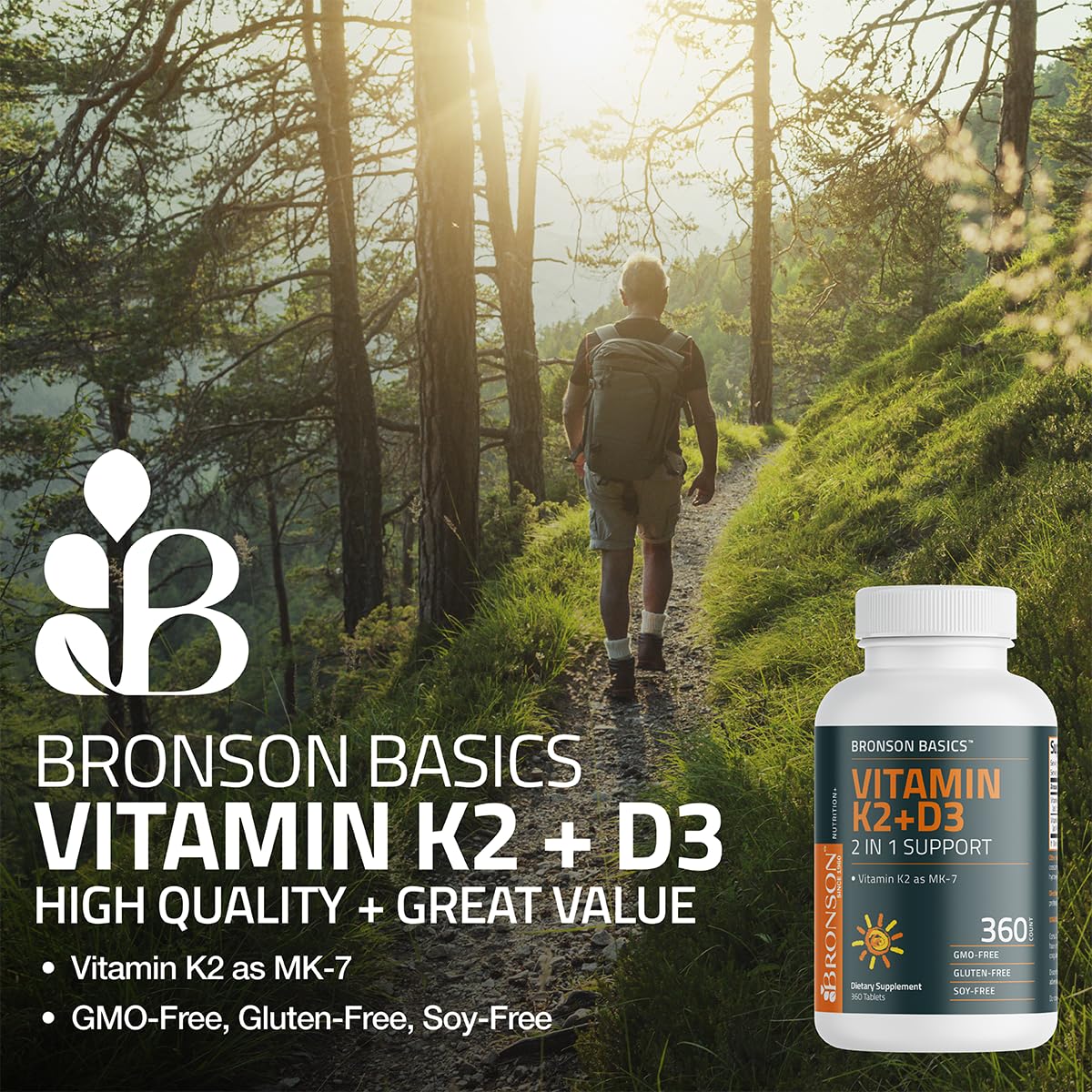 Bronson Vitamin K2 D3 (MK7) Supplement Non-GMO Formula Vitamin D3 5000IU (125 mcg) & 90 mcg K2 MK-7, Easy to Swallow D & K Complex, 120 Tablets - PrimeBioHealth - canada supplements