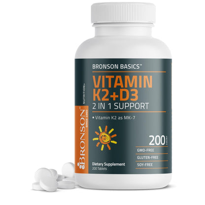 Bronson Vitamin K2 D3 (MK7) Supplement Non-GMO Formula Vitamin D3 5000IU (125 mcg) & 90 mcg K2 MK-7, Easy to Swallow D & K Complex, 120 Tablets - PrimeBioHealth - canada supplements