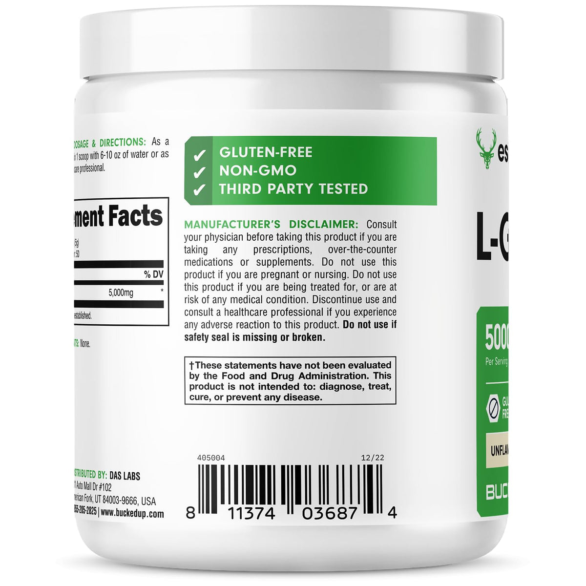 Bucked Up L-Glutamine (5000mg), Essentials (50 Servings, 250 Grams) - PrimeBioHealth - canada supplements