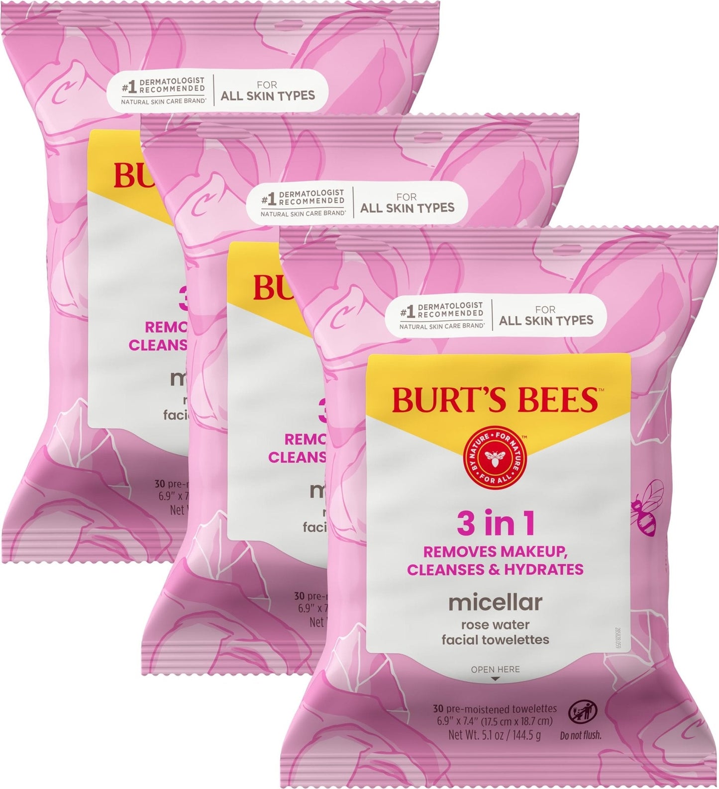Burt’s Bees Micellar Rose Water Facial Towelettes, 100% Plant Based Cloth; 99% Natural Origin; Remove Makeup, Cleanse, Hydrate; No Oily Residue; All Skin Types; 30 Ct, Pack of 3 (Pack May Vary) - PrimeBioHealth - canada supplements