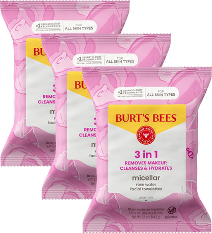Burt’s Bees Micellar Rose Water Facial Towelettes, 100% Plant Based Cloth; 99% Natural Origin; Remove Makeup, Cleanse, Hydrate; No Oily Residue; All Skin Types; 30 Ct, Pack of 3 (Pack May Vary) - PrimeBioHealth - canada supplements