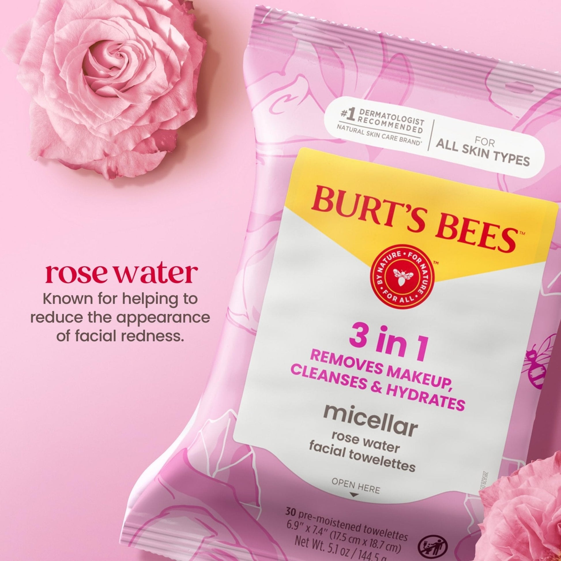 Burt’s Bees Micellar Rose Water Facial Towelettes, 100% Plant Based Cloth; 99% Natural Origin; Remove Makeup, Cleanse, Hydrate; No Oily Residue; All Skin Types; 30 Ct, Pack of 3 (Pack May Vary) - PrimeBioHealth - canada supplements
