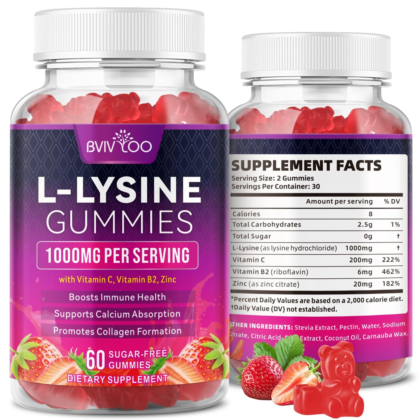 BVIVLOO L-Lysine 1000mg Gummies for Immune Support & Skin Health - High Potency Vegan Gummies, Sugar-Free, Natural Berry Flavor, Gluten-Free Chewable Supplement - PrimeBioHealth - canada supplements