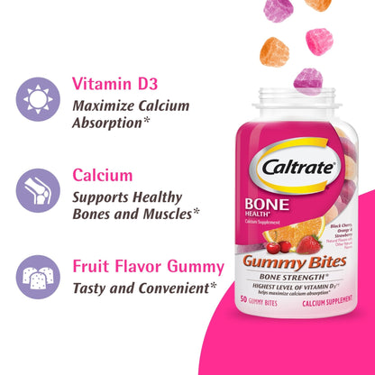Caltrate Gummy Bites 500 mg Calcium and Vitamin D Supplement, Black Cherry, Strawberry, Orange - 100 Count - PrimeBioHealth - canada supplements