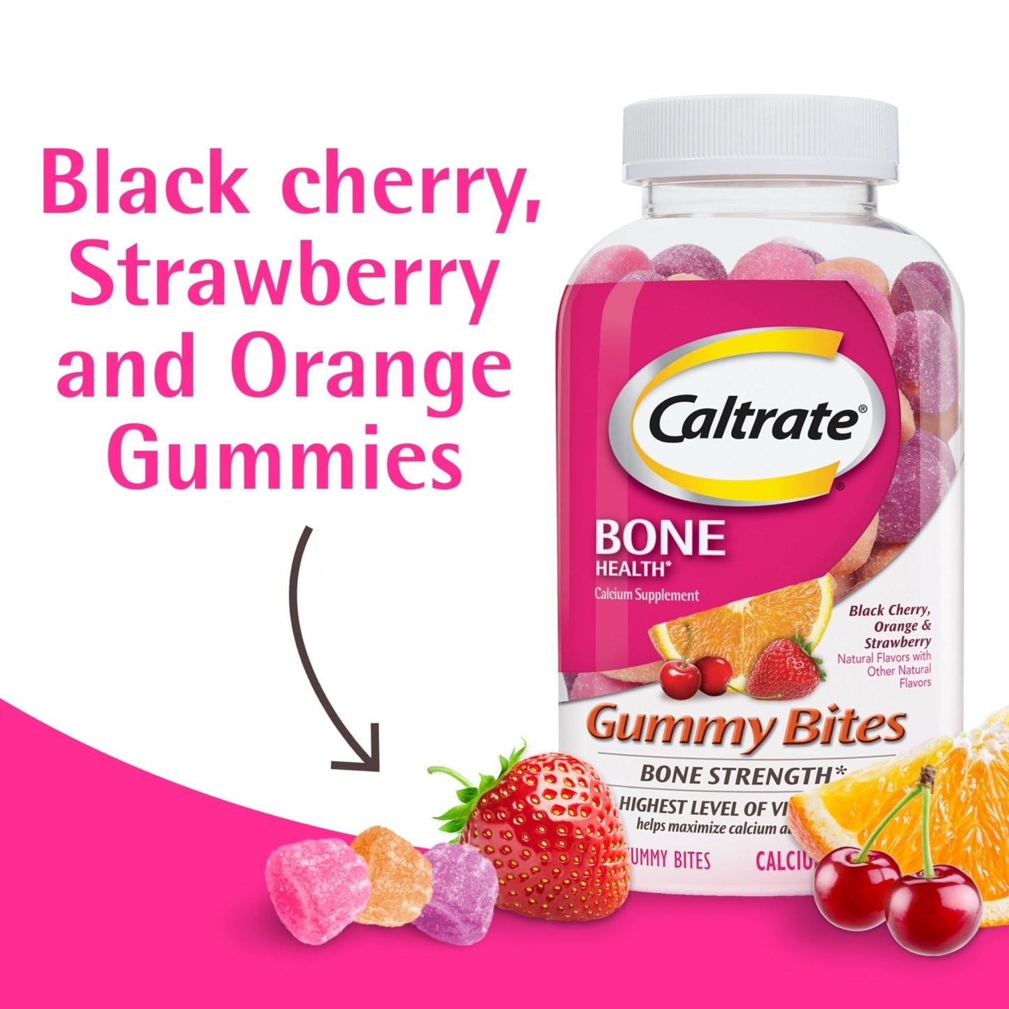 Caltrate Gummy Bites 500 mg Calcium and Vitamin D Supplement, Black Cherry, Strawberry, Orange - 100 Count - PrimeBioHealth - canada supplements