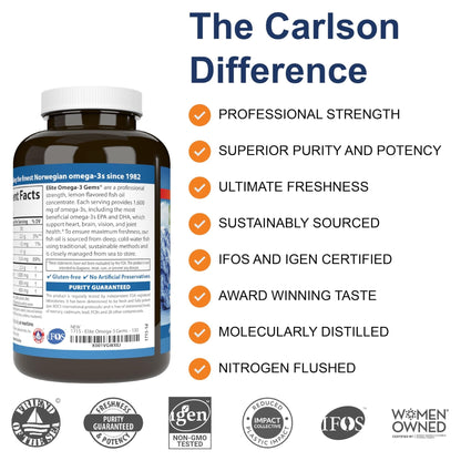 Carlson - Elite Omega-3 Gems, 1600 mg Omega-3 Fatty Acids Including EPA and DHA, Norwegian, Wild-Caught Fish Oil Supplement, Sustainably Sourced Omega - PrimeBioHealth - canada supplements
