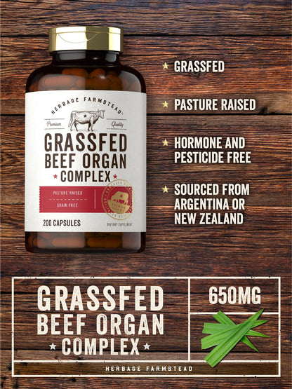 Carlyle Grass Fed Beef Organ Complex | 200 Capsules | Pasture Raised, Grain Free Supplement | with Desiccated Liver, Kidney, Pancreas, Heart, Spleen - PrimeBioHealth - canada supplements