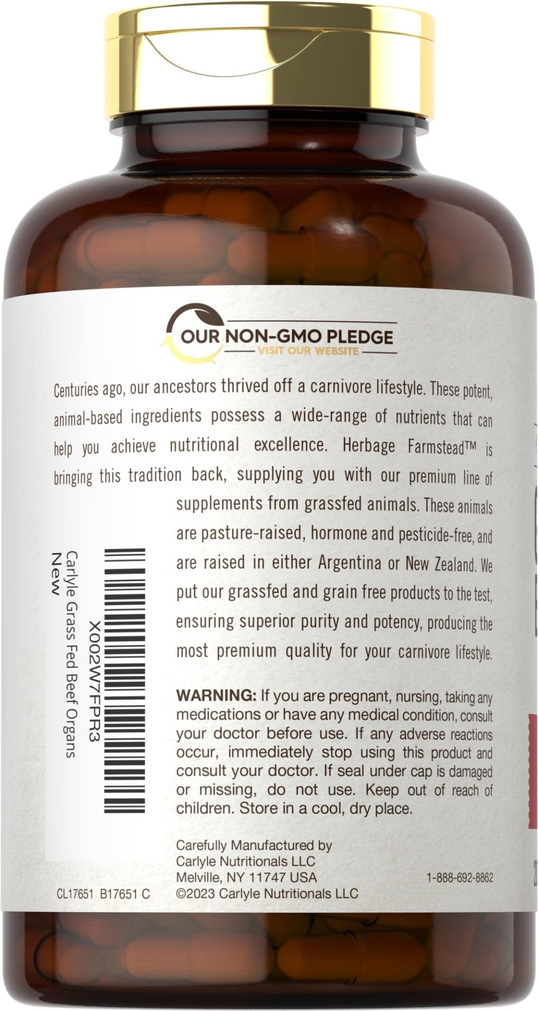 Carlyle Grass Fed Beef Organ Complex | 200 Capsules | Pasture Raised, Grain Free Supplement | with Desiccated Liver, Kidney, Pancreas, Heart, Spleen - PrimeBioHealth - canada supplements