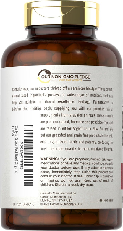 Carlyle Grass Fed Beef Organ Complex | 200 Capsules | Pasture Raised, Grain Free Supplement | with Desiccated Liver, Kidney, Pancreas, Heart, Spleen - PrimeBioHealth - canada supplements