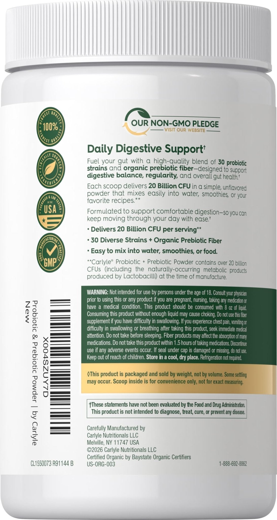Carlyle Probiotic and Prebiotic Powder | 20 Billion CFU | 4.76 oz | Organic Fiber Blend | for Women and Men | Vegetarian, Non-GMO, - PrimeBioHealth - canada supplements