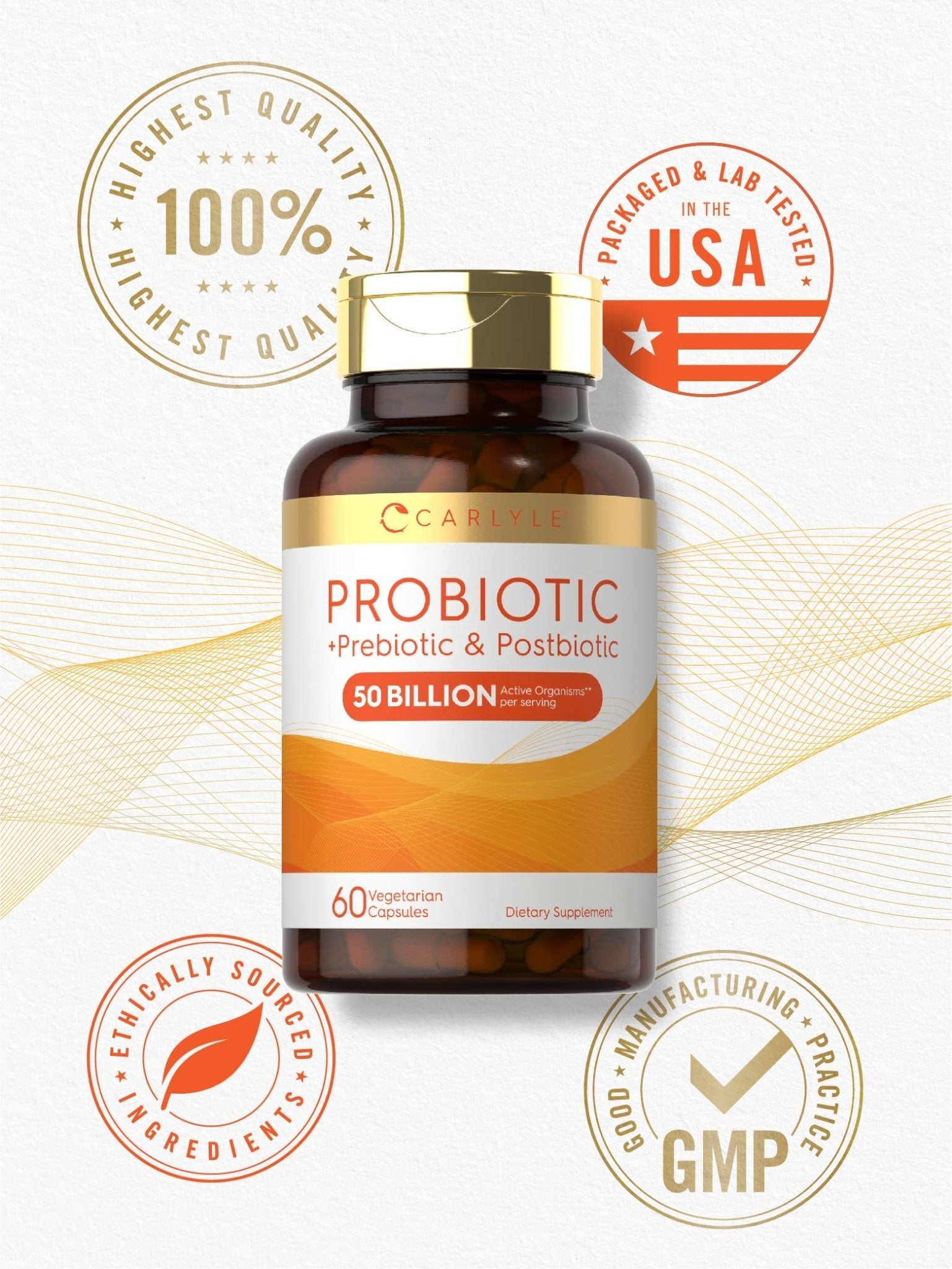Carlyle Probiotic for Women and Men | 50 Billion CFU | 60 Capsules | Plus Prebiotic and Postbiotic | Complex Supplement | Vegetarian, Non-GMO, and Gluten Free - PrimeBioHealth - canada supplements