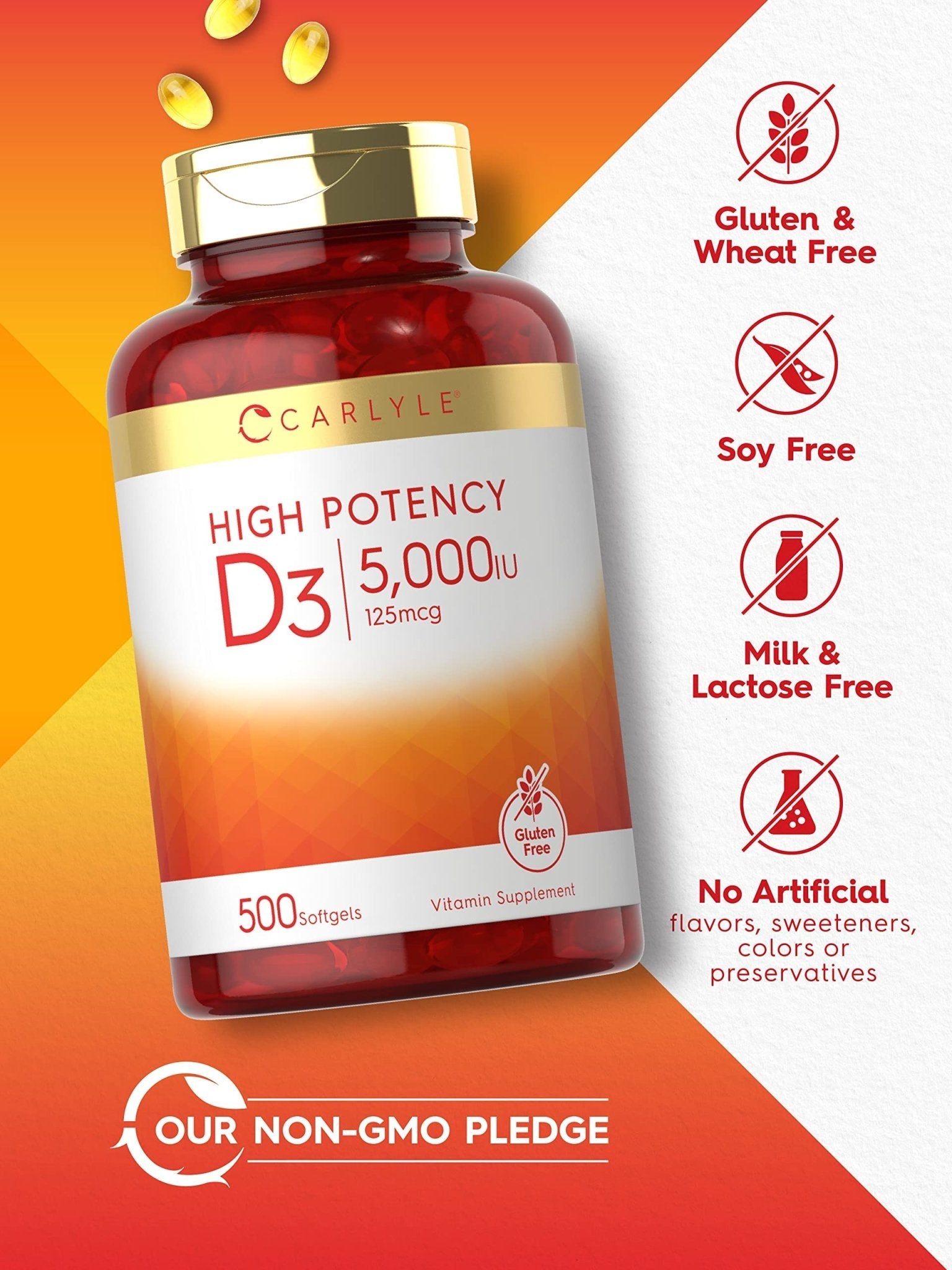 Carlyle Vitamin D3 5000 IU Softgels | 500 Count | Value Size | Non-GMO and Gluten Free Supplement | High Potency Formula | 125mcg - PrimeBioHealth - canada supplements