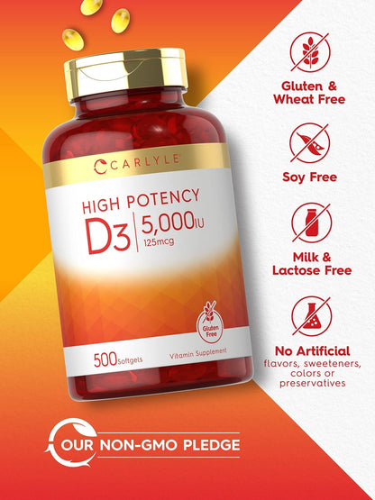 Carlyle Vitamin D3 5000 IU Softgels | 500 Count | Value Size | Non-GMO and Gluten Free Supplement | High Potency Formula | 125mcg - PrimeBioHealth - canada supplements