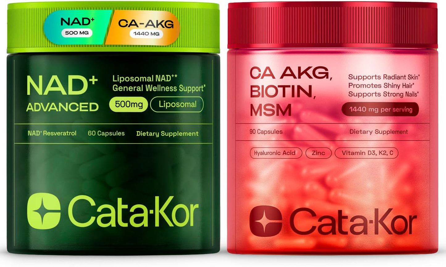 Cata-Kor NAD+ Supplement & Ca-AKG Complex - Liposomal NAD+ Supplement with Resveratrol (60 Capsules) & Ca-AKG, MSM, Hyaluronic Acid & Biotin Beauty Complex (90 Capsules) - PrimeBioHealth - canada supplements
