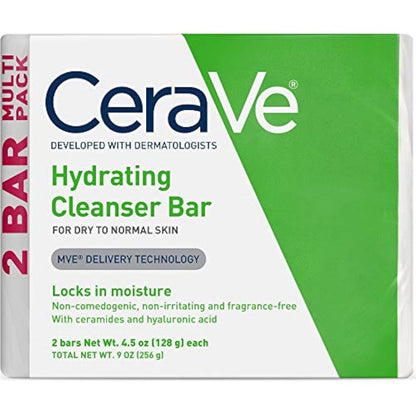 CeraVe Hydrating Cleanser Bar, Soap-Free Body and Facial Cleanser with 5% Moisturizing Cream, Fragrance-Free, 2-Pack, 4.5 Ounce Each - PrimeBioHealth - canada supplements