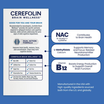 Cerefolin Brain Wellness, Targeted Nutrition for Cognitive Support, Improves Memory, Focus & Concentration, L-Methylfolate, NAC, B12 - PrimeBioHealth - canada supplements