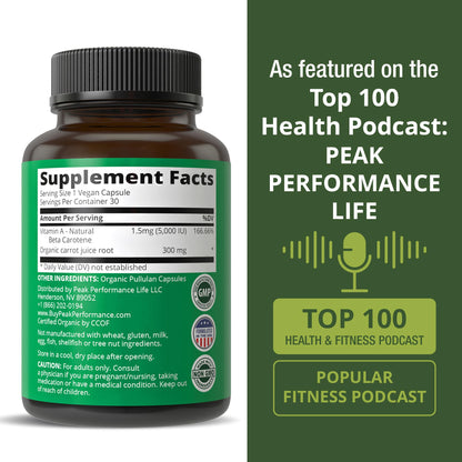 Certified Organic Vitamin A 5000 IU Supplement Capsules - High Potency Vitamins - for Adults, Men, Women, Kids - Made with Carrot Juice - Great for Immune, Skin, Eye Support - Non GMO, Vegan Pills - PrimeBioHealth - canada supplements