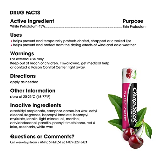 ChapStick Classic Skin Protectant Flavored Lip Balm Tube, Cherry Flavor, 0.15 Ounce (Pack of 3) - PrimeBioHealth - canada supplements