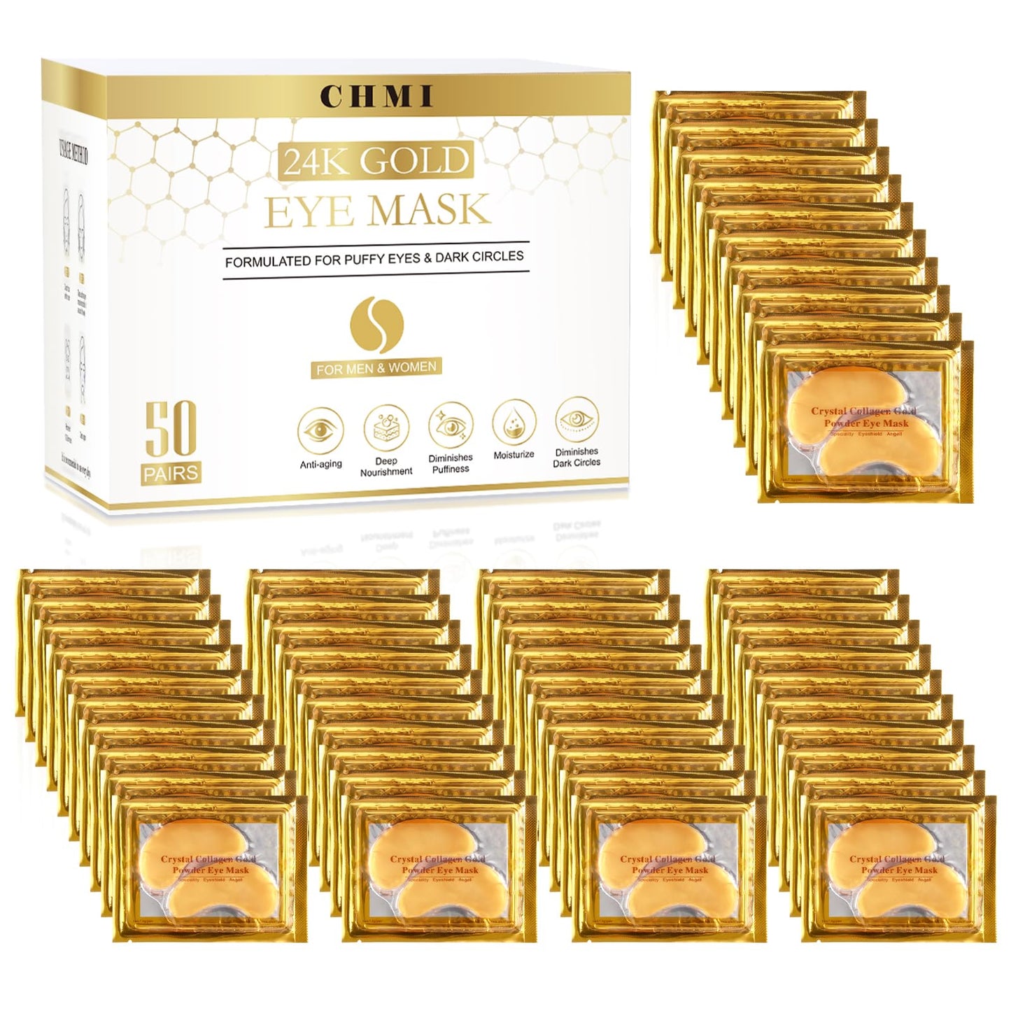 CHMI Under Eye Patches (50 Pairs) - 24K Gold Eye Patches for Puffy Eyes, Dark Circles, EyeBags and Wrinkles - PrimeBioHealth - canada supplements
