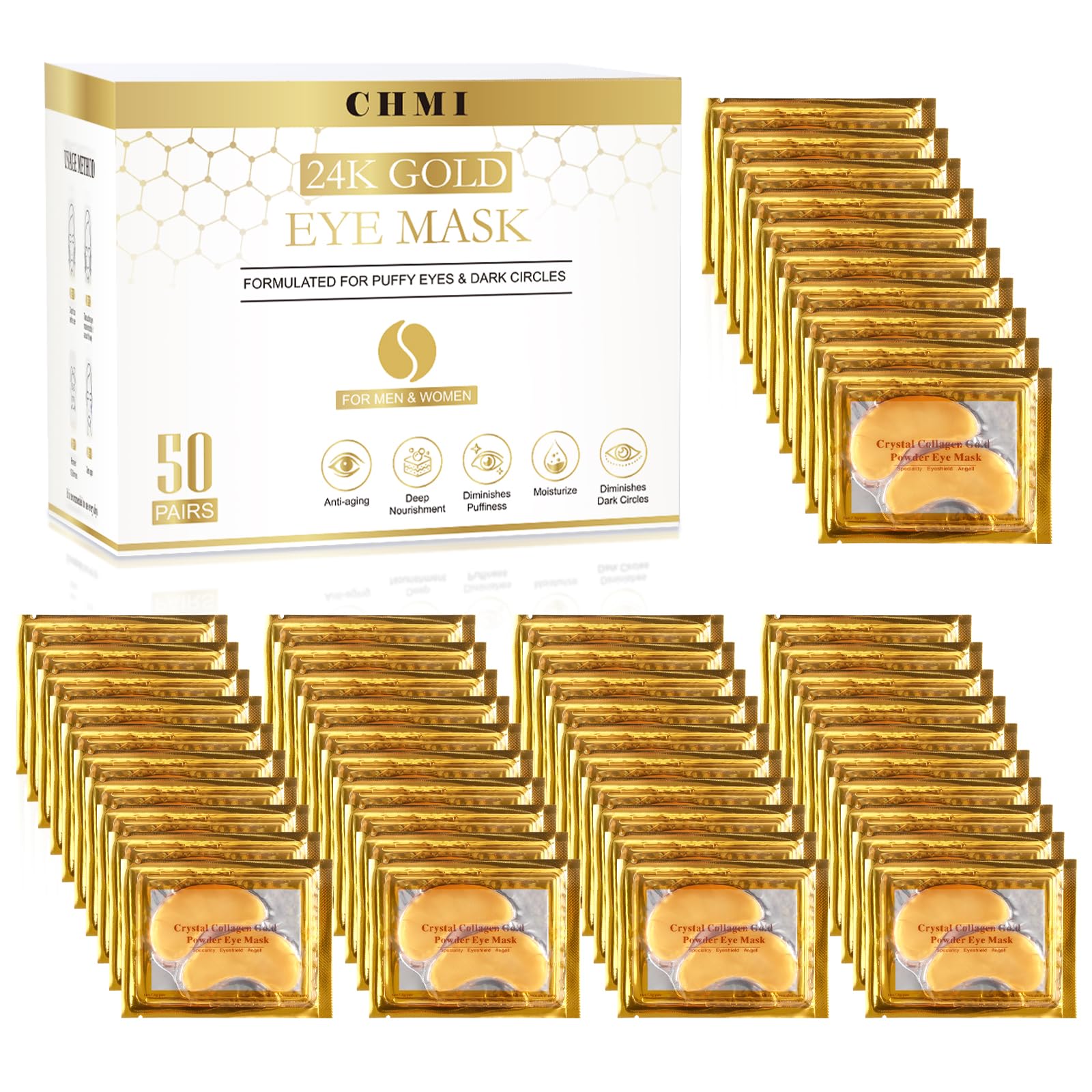 CHMI Under Eye Patches (50 Pairs) - 24K Gold Eye Patches for Puffy Eyes, Dark Circles, EyeBags and Wrinkles - PrimeBioHealth - canada supplements